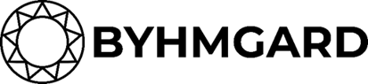 Logotyp för Byhmgard skrivet i fet svart stil med en symbol i början som liknar en sol som är inringad i en svart cirkel.
