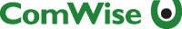 En logotyp med texten "ComWise" i grön färg och en grön symbol till höger som liknar en stiliserad droppe eller öga.