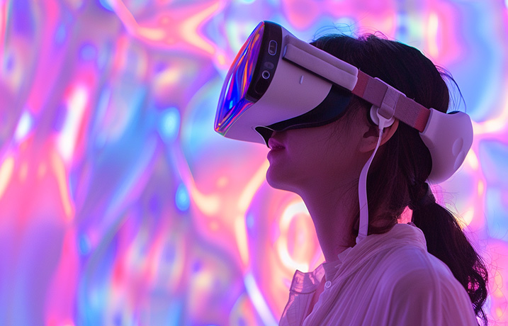 En kvinna med långt mörkt hår i hästsvans bär ett VR-headset och tittar uppåt. Bakgrunden är mjukt suddig och fylls av färgstarka, abstrakta neonfärger i rosa, lila och blått som skapar en futuristisk och drömlik atmosfär.