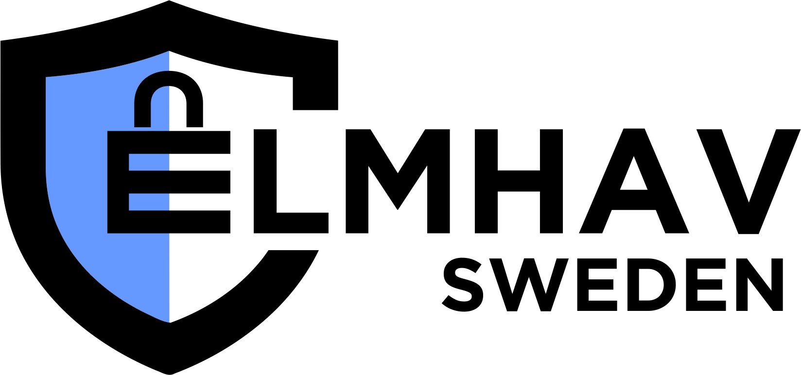 Logotyp för ELMHAV Sweden. Logotypen består av ett svart och blått sköldemblem med ett stiliserat hänglås format av bokstaven E, följt av texten ”ELMHAV SWEDEN” i svart versalstil.