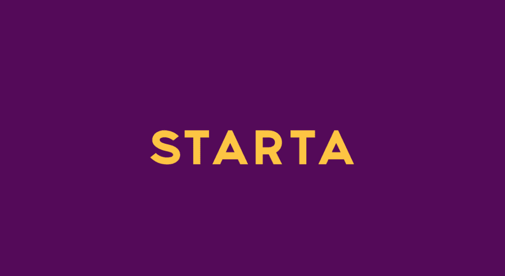 Texten “STARTA” i gul-orange versaler centrerad mot en mörklila bakgrund.