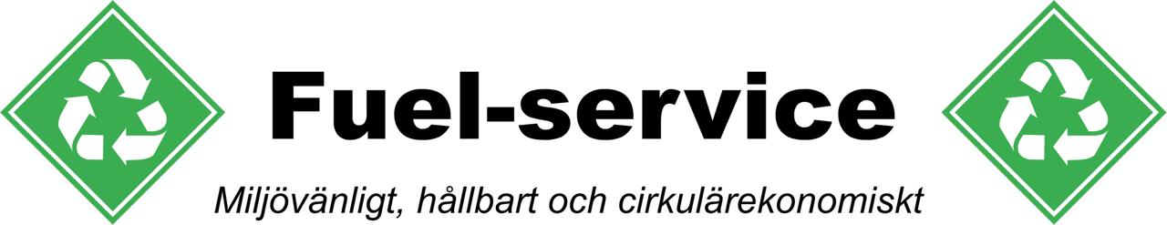 Logotyp med gröna återvinningssymboler i grönt och vitt på varsin sida om företagsnamnet Fuel-service skrivet i svart. Med en slogan under: Miljövänligt, hållbart och cirkulärekonomiskt