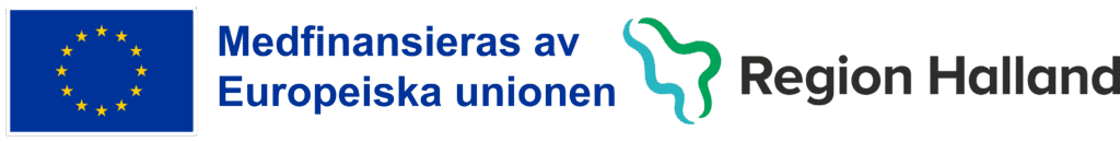 En kombinerad logotyp där EU-flaggan visas till vänster, följt av blå text som lyder 'Medfinansieras av Europeiska unionen'. Till höger står Region Hallands logotyp med en stiliserad grön och blå form samt texten 'Region Halland' i svart. Bilden visar att ett projekt är delvis finansierat av EU och Region Halland.