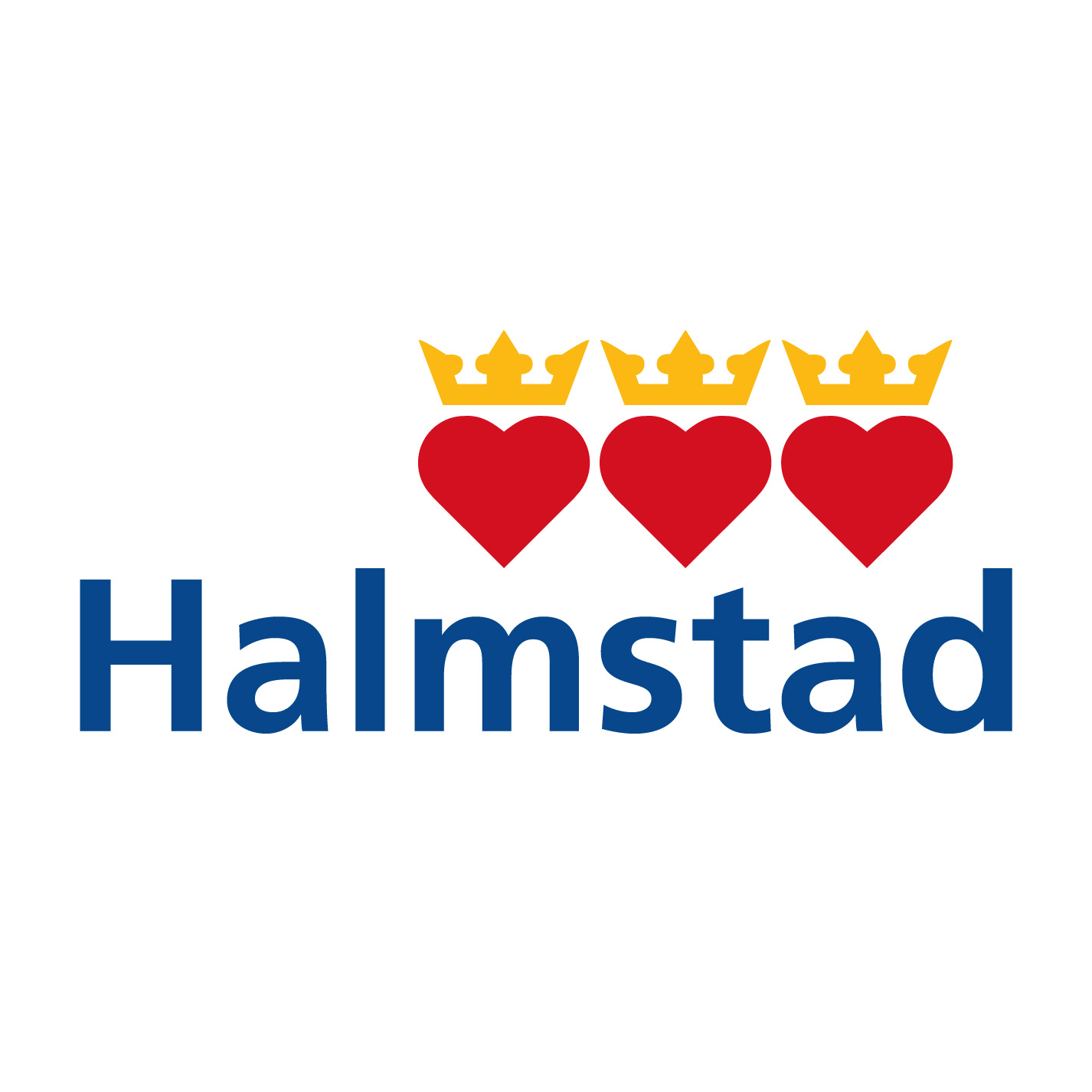 Halmstads logotyp mot ljus bakgrund. Ovanför namnet ”Halmstad” syns tre röda hjärtan med gula kronor. Texten är skriven i blått.