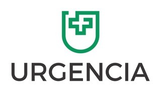 Logotyp för Urgencia mot ljus bakgrund. Ovanför texten ”URGENCIA” syns en grön symbol formad som en sköld med ett medicinskt kors i mitten.