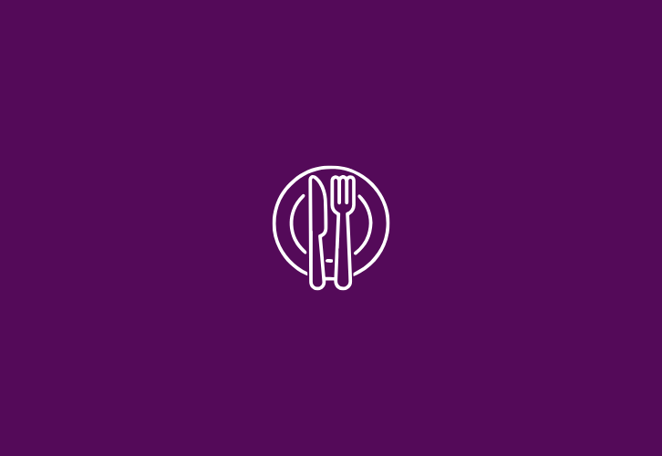 Lila bakgrund med en vit symbol som visar en talrik, kniv och gaffel
