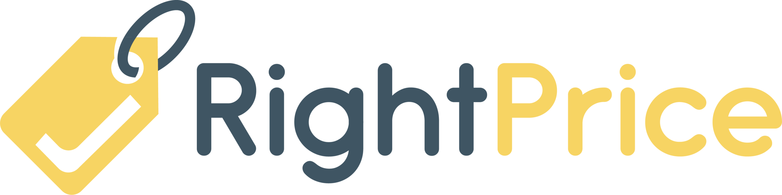 Logotyp med en prislapp till vänster i gult och grått, till höger står det RightPrice. Right är i grått och Price är i gult.